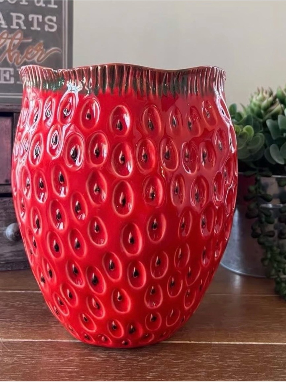 New Large Strawberry Ceramic Planter Great Utensil Crock Too